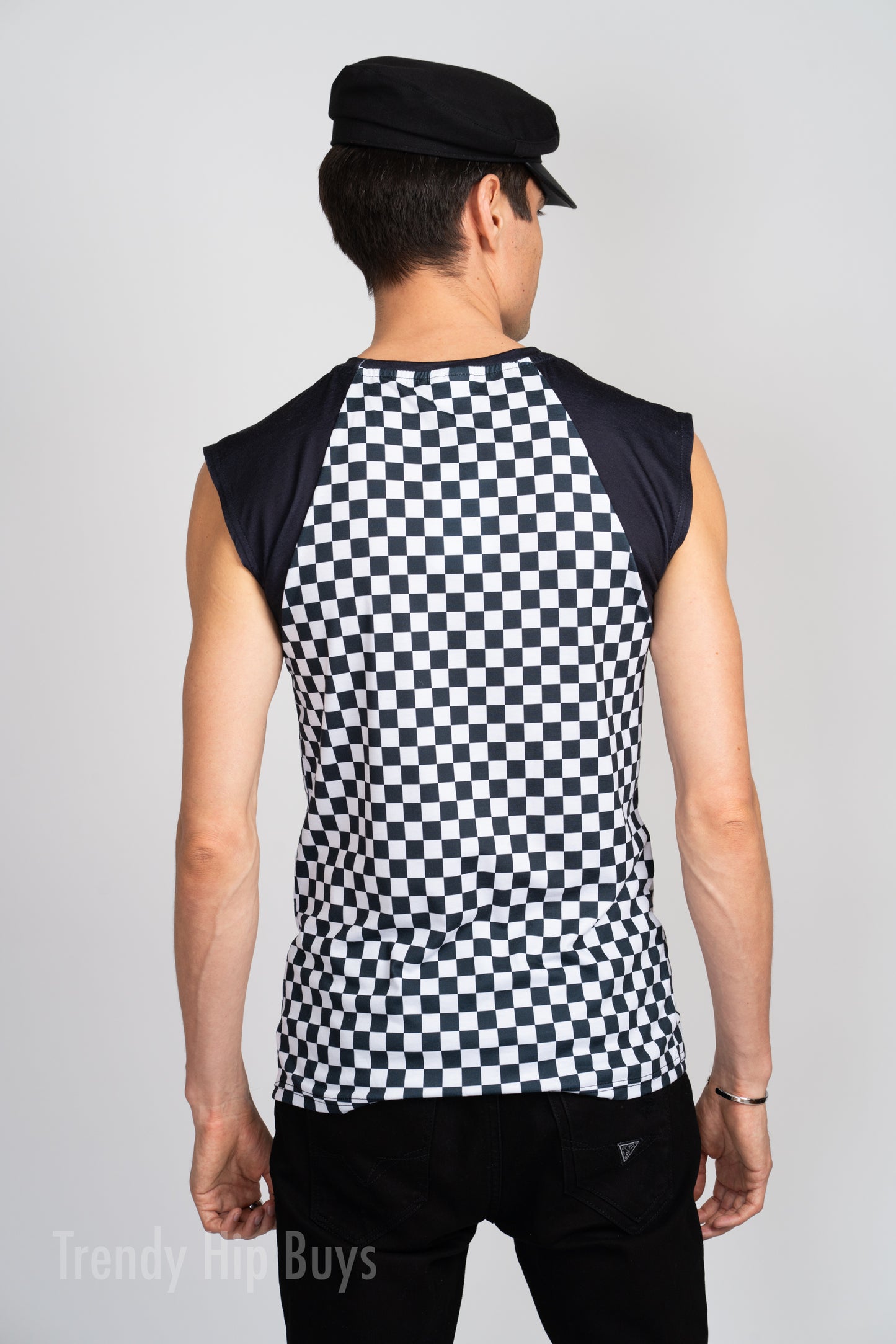 Black Checker Raglan Cap Sleeve T-shirt, Punk Rock Checker Top Men