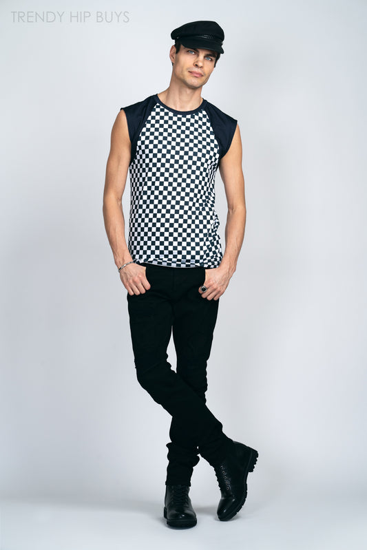 Black Checker Raglan Cap Sleeve T-shirt, Punk Rock Checker Top Men