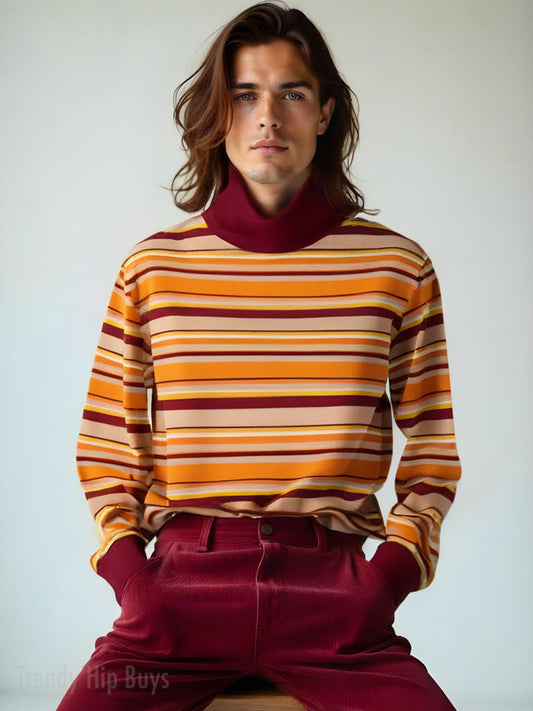 Unisex 70s Striped Turtleneck | Retro Orange Maroon Pullover | Vintage Hippie Knit Sweater