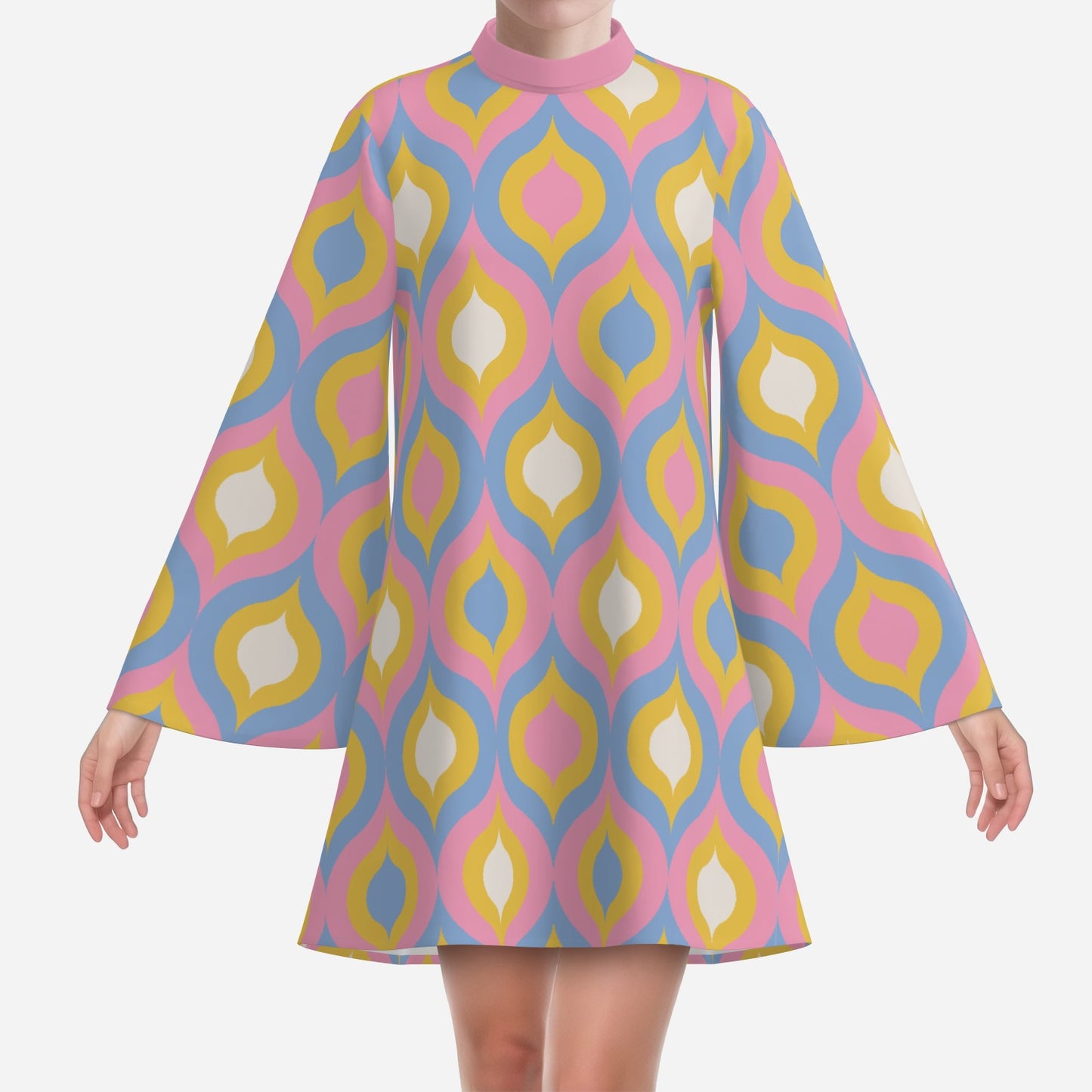 70s Disco Dress | Groovy Pink Turtleneck Bell Sleeve Dress | Retro Geometric Tent Mini Dress | Mod 60s 70s Style