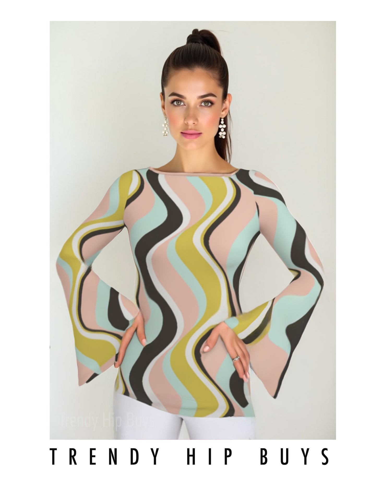 Women's 70s Pink Green Bell Sleeve Top Disco Groovy Retro Stripe Shirt