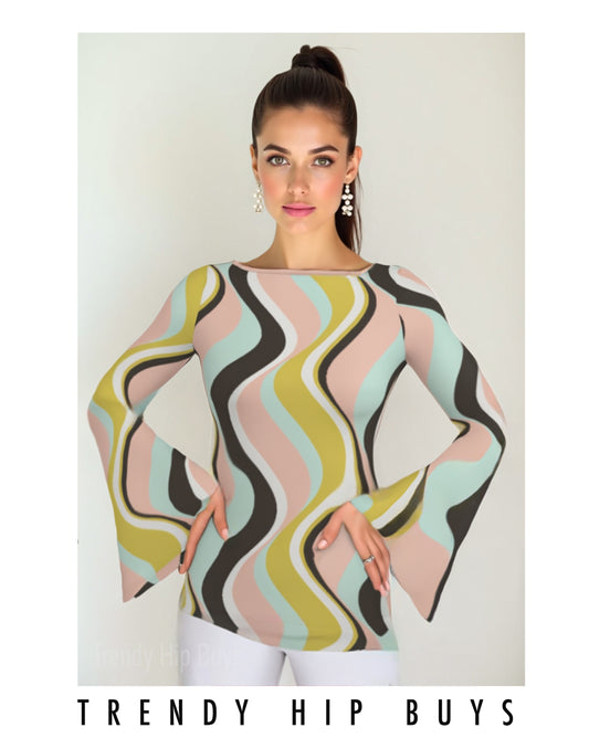 Women's 70s Pink Green Bell Sleeve Top Disco Groovy Retro Stripe Shirt