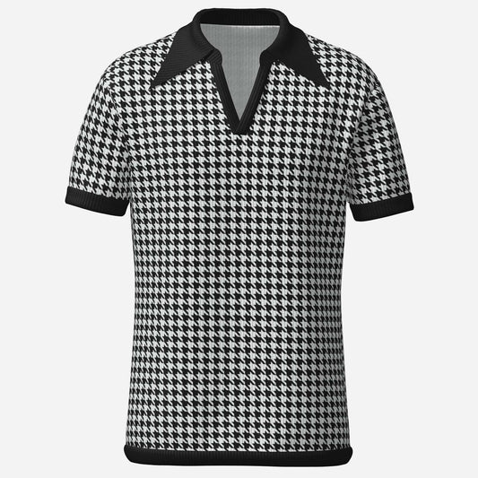 Retro Men's Houndstooth Knit Polo Shirt | 60s 70s Style Dagger Collar Shirt