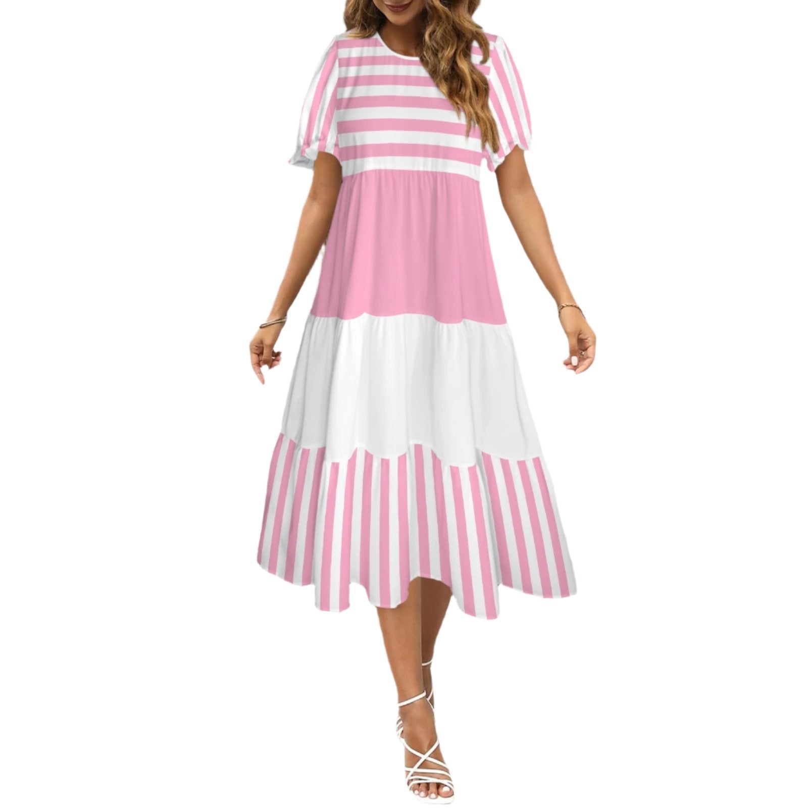 Pink White Babydoll Puff sleeve tier Midi dress