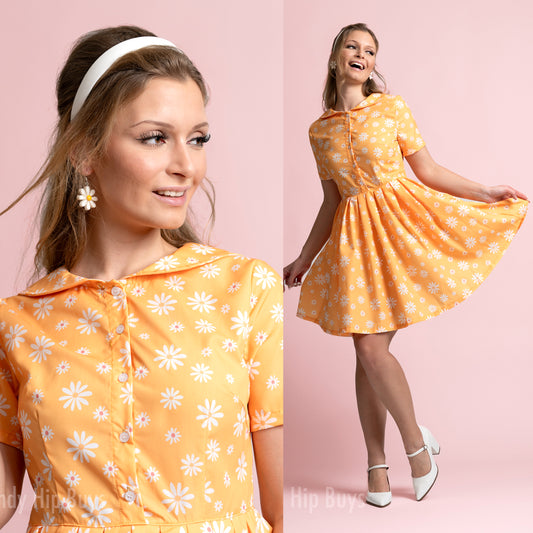 Style vestimentaire vintage, robe de style années 50, robe florale jaune, robe rétro, robe soleil jaune, robe Rockabilly, robe marin, robe Pin Up