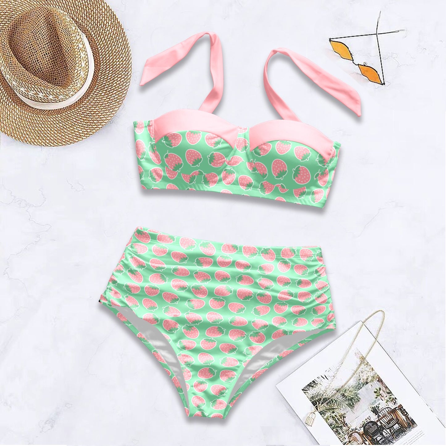 Mint Green Pink Strawberry Print Pin Up Swimsuit