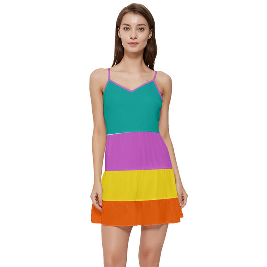 Vibrant Multi-Color Block Mini Dress | Teal V-Neck Flounce Chiffon Tea Dress with Adjustable Straps