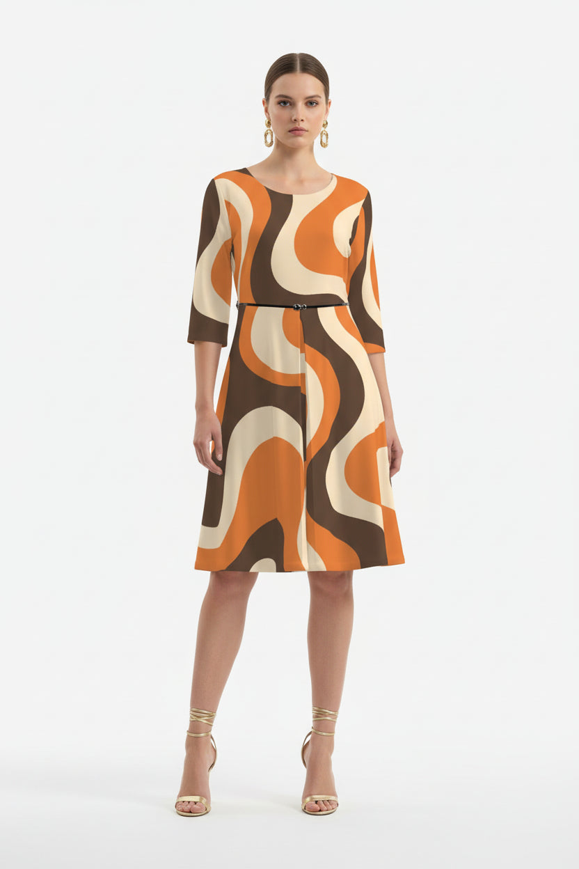 Women's Groovy Orange Brown Stripe 70s Style Dress | Retro Pleated A-Line Dress | Hippie Boho Fall Dress