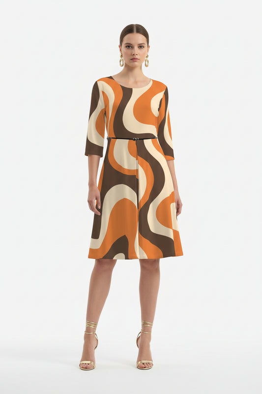 Women's Groovy Orange Brown Stripe 70s Style Dress | Retro Pleated A-Line Dress | Hippie Boho Fall Dress