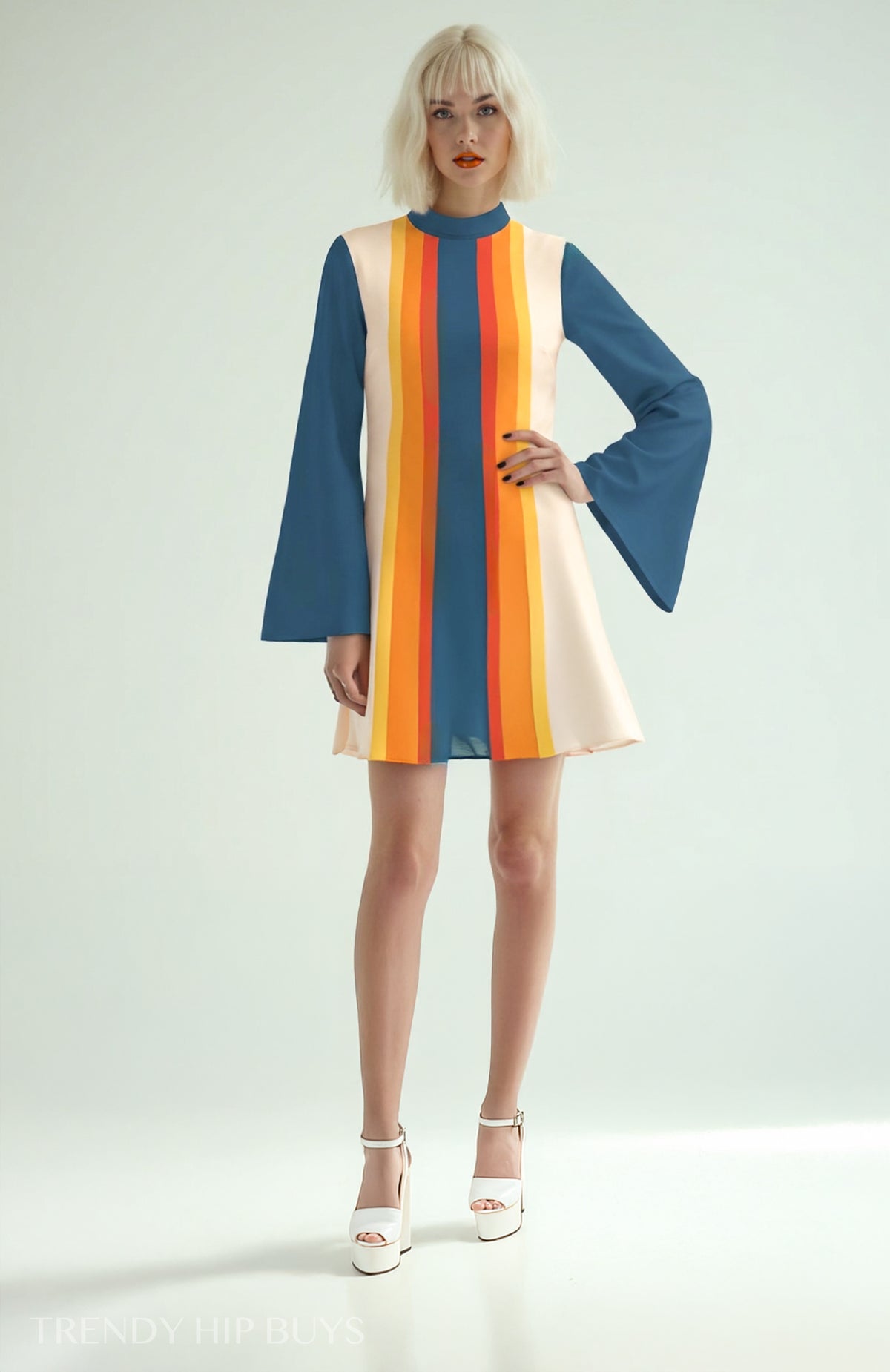 Women's 70s Retro Disco Dress, Blue Yellow Stripe Bell Sleeve Dress, Groovy Trapeze Mini Dress, Vintage Inspired Dress
