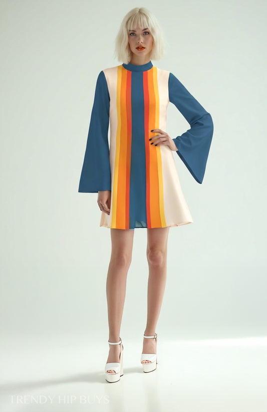 Women's 70s Retro Disco Dress, Blue Yellow Stripe Bell Sleeve Dress, Groovy Trapeze Mini Dress, Vintage Inspired Dress