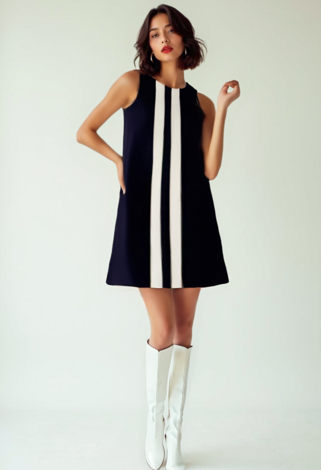 60s Mod Mini Dress | Black Sleeveless Tent Dress | Vintage 60s White Stripe Mod Dress