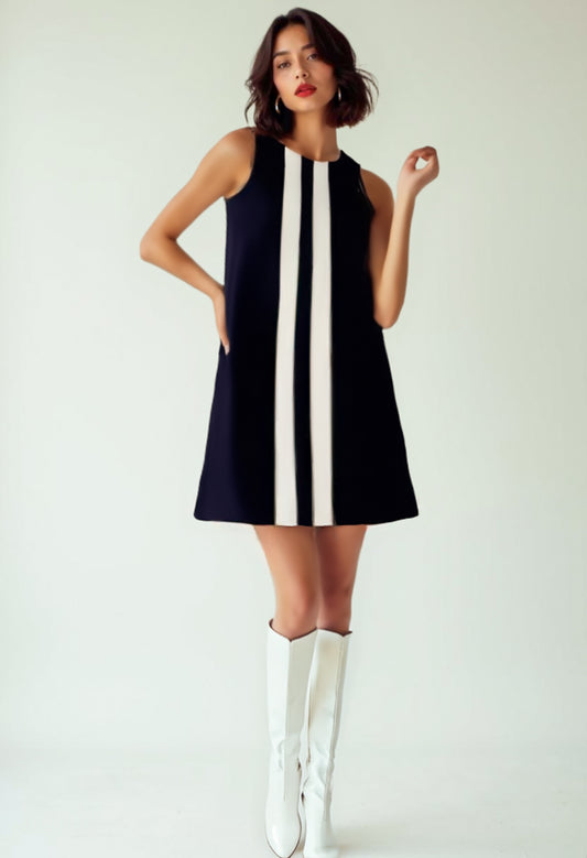 60s Mod Mini Dress | Black Sleeveless Tent Dress | Vintage 60s White Stripe Mod Dress