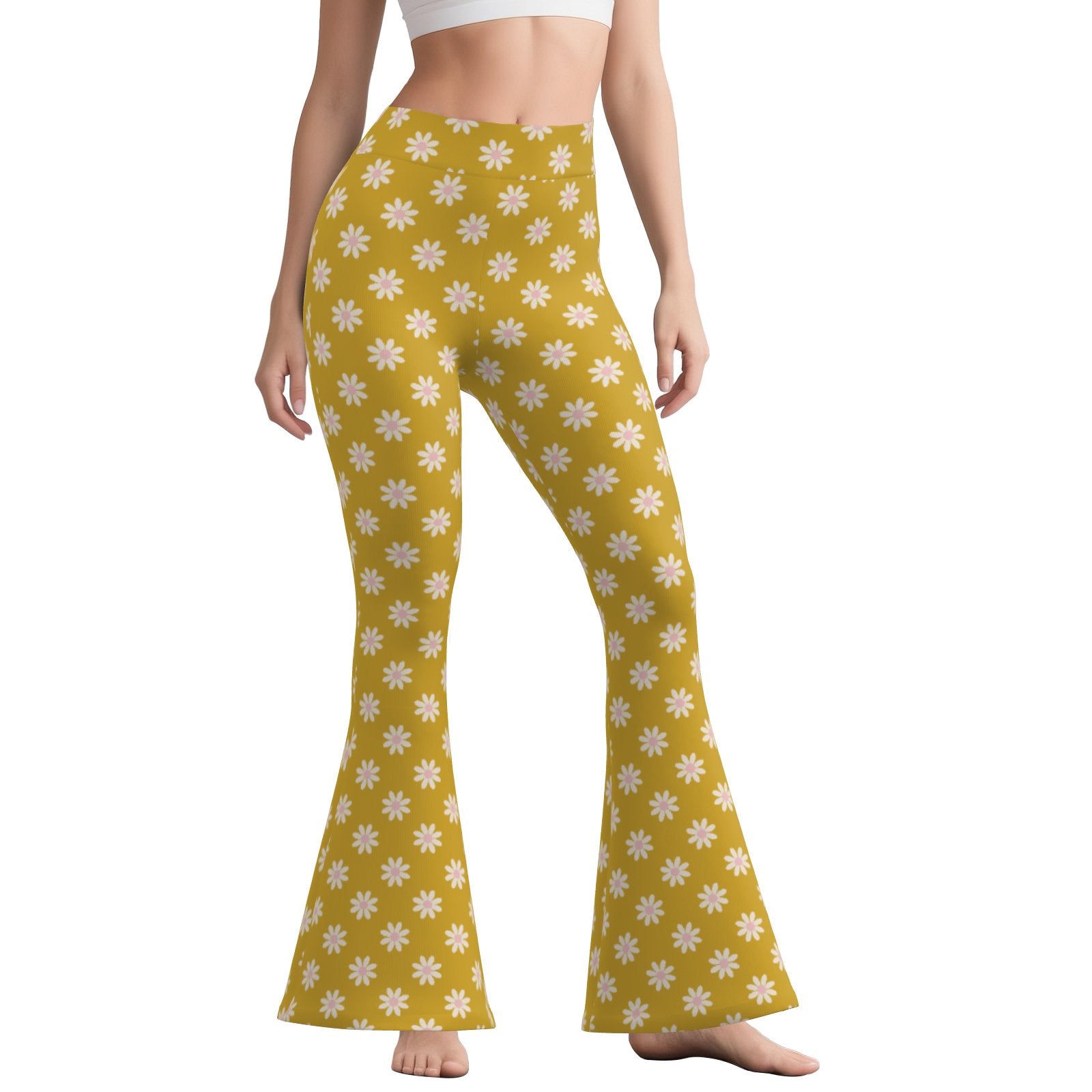 70s Mustard Floral Bell Bottom Pants | Retro Wide Leg Yoga Pants | Vintage Style High Waist Flare Pants