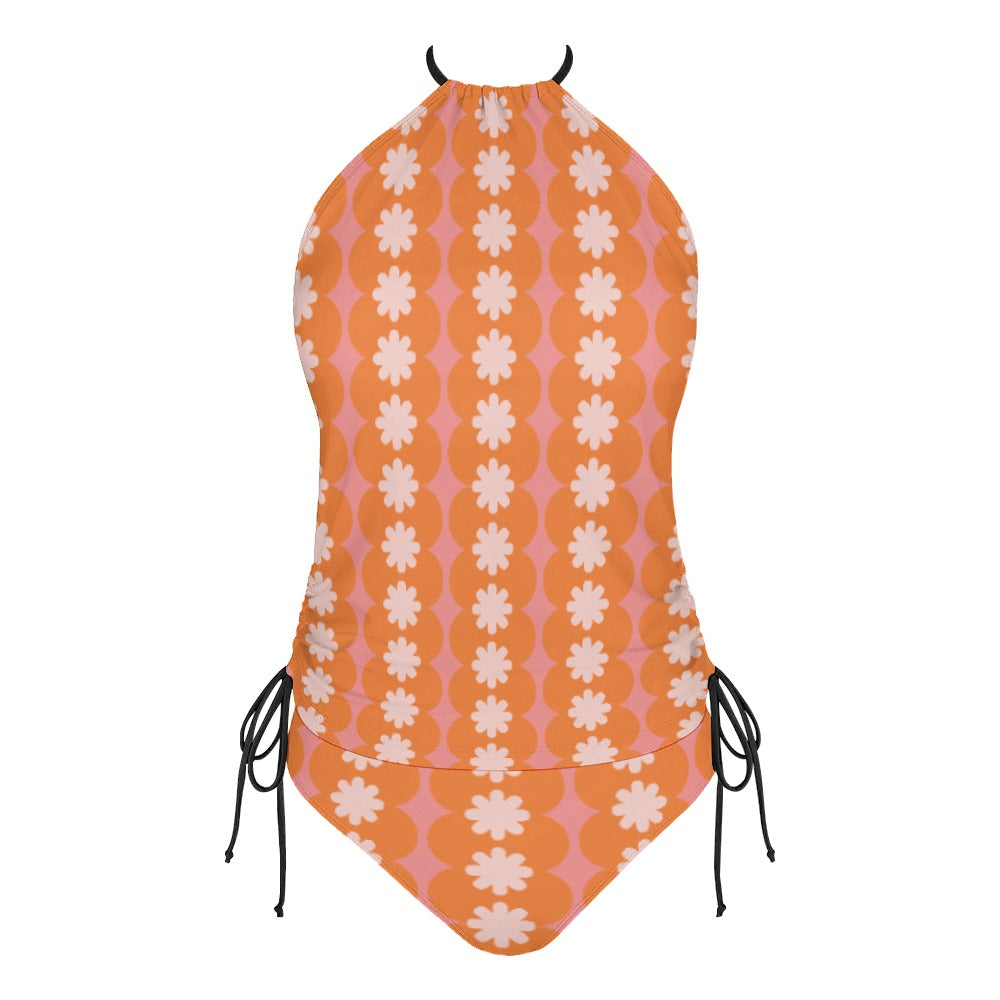 Retro Bikini | Retro Pink Orange Floral Tankini Bikini | 60s Mod Halter Bikini Set