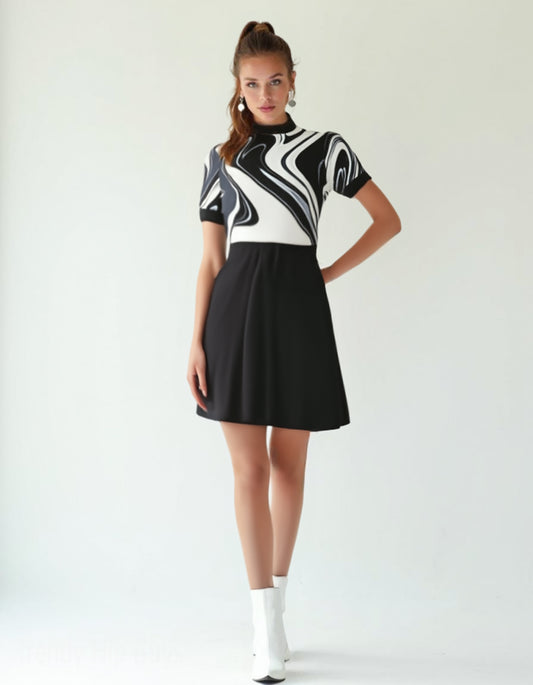 60s Black Mod Mini Dress | Abstract Stripe GoGo Dress | Retro Turtleneck A-Line Dress