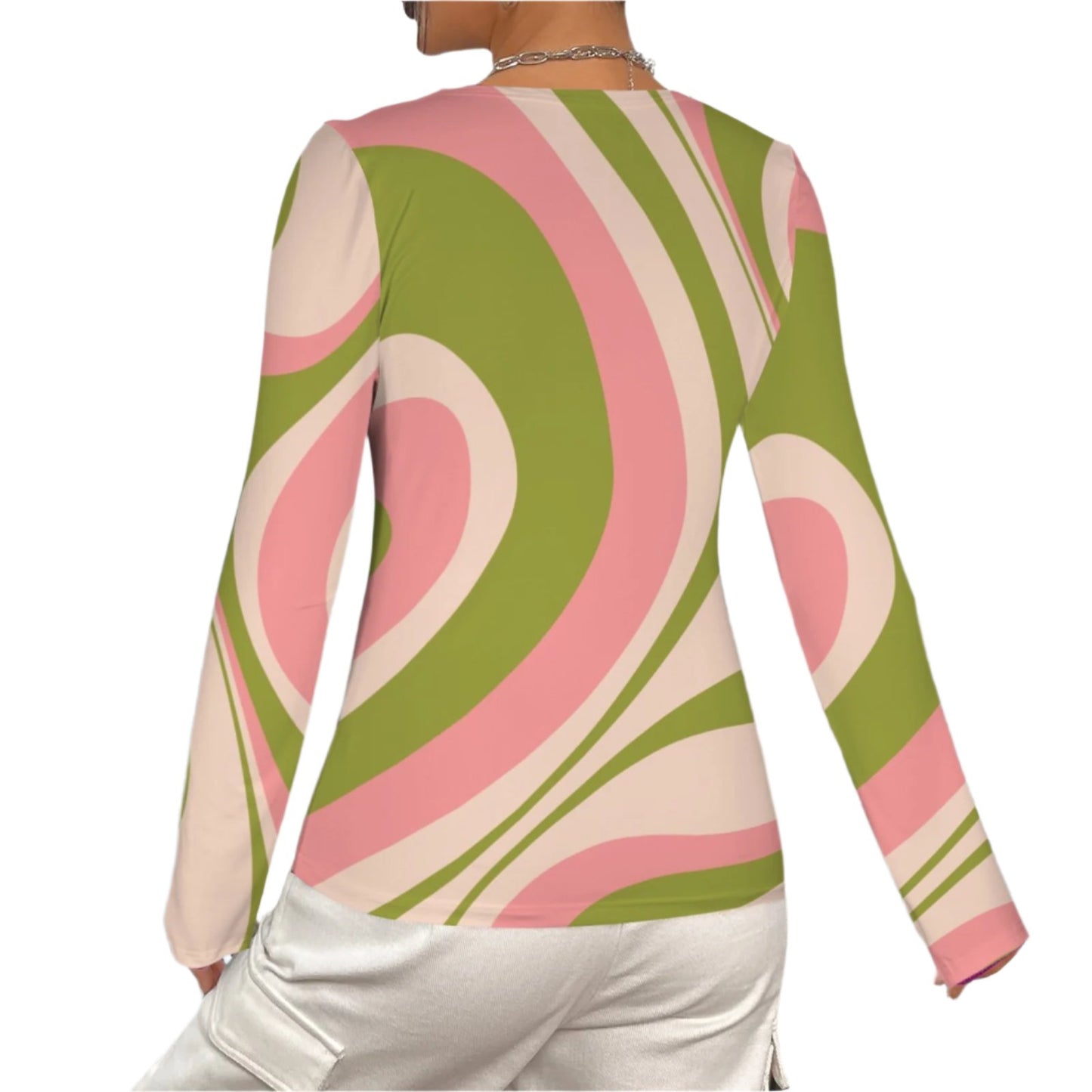 Retro 70s inspired Pink Green Stripe Groovy Ruche Top