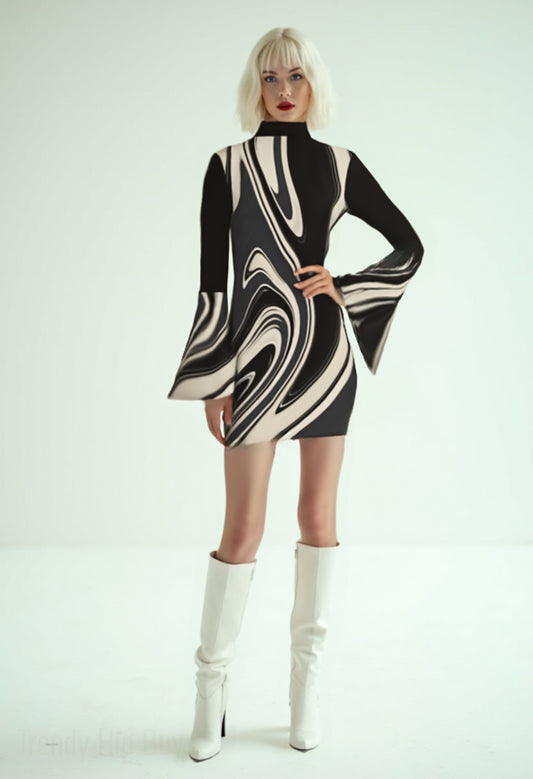 Groovy 70s Style Dress | Abstract Black & Beige Stripe Bell Sleeve Mini Dress | Retro Turtleneck Disco Shift Dress