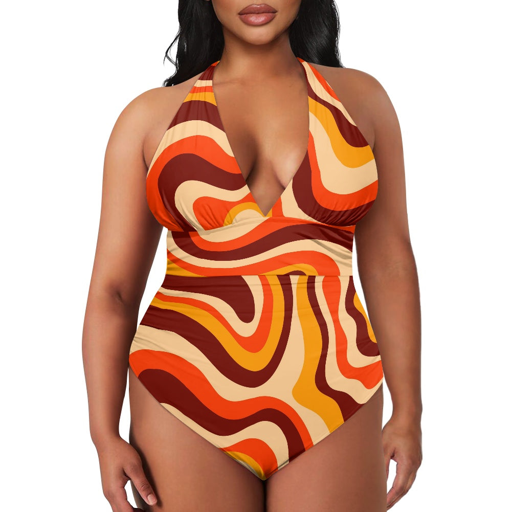 Retro Swimsuit, Groovy 70s inspired Swimsuit, Orange Stripe Halter Swimsuit, Vintage Style Swimsuit