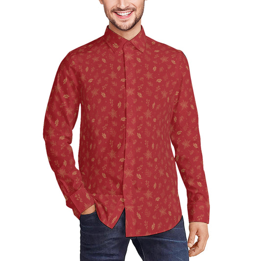 Men's Maroon Nature Print Dress Shirt | Holiday Party Button-Up | Elegant Fall Formal Wear| Maroon Shirt Men