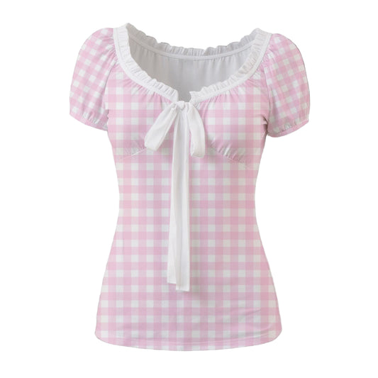 vintage50sstyletop,retropinkpuffsleevetop,vintagebowtietop,pinkginghampuffsleevetop