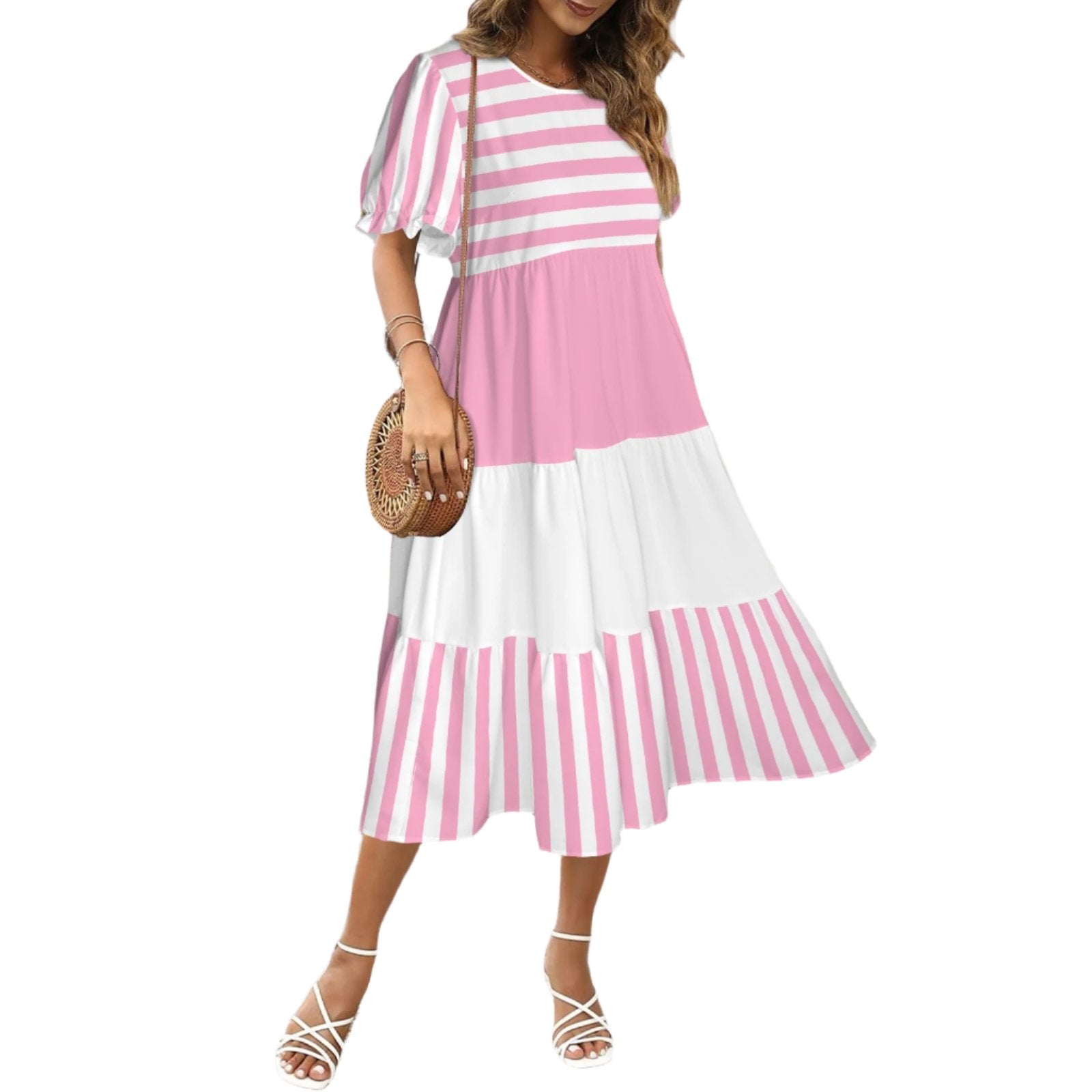 Pink White Babydoll Puff sleeve tier Midi dress