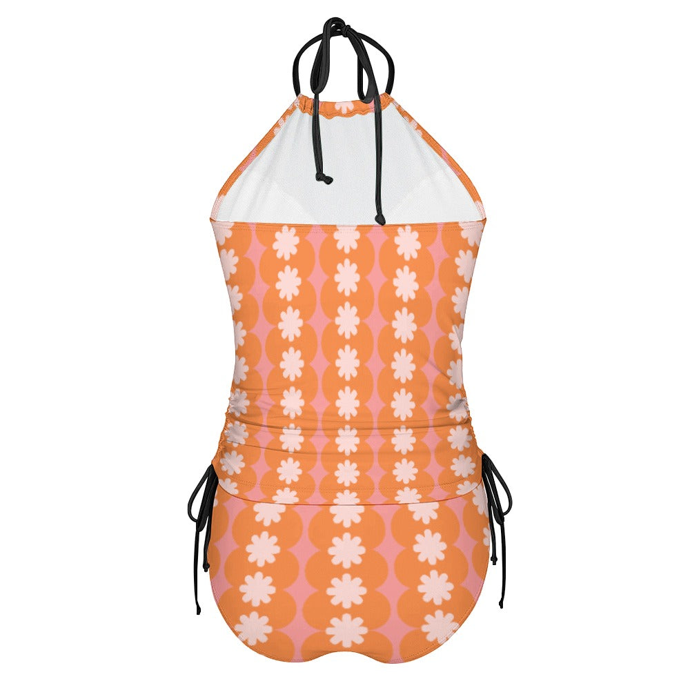 Retro Bikini | Retro Pink Orange Floral Tankini Bikini | 60s Mod Halter Bikini Set
