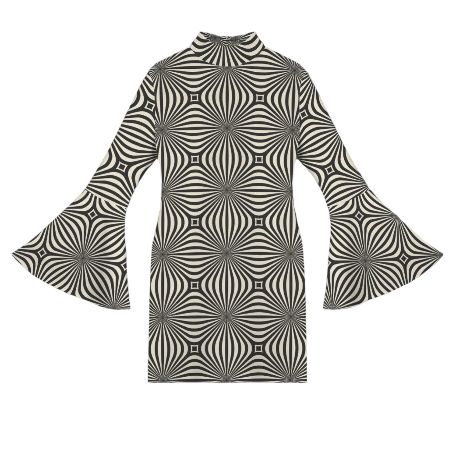 Mod Opt Art Black and White Geometric Bell Sleeve Dress