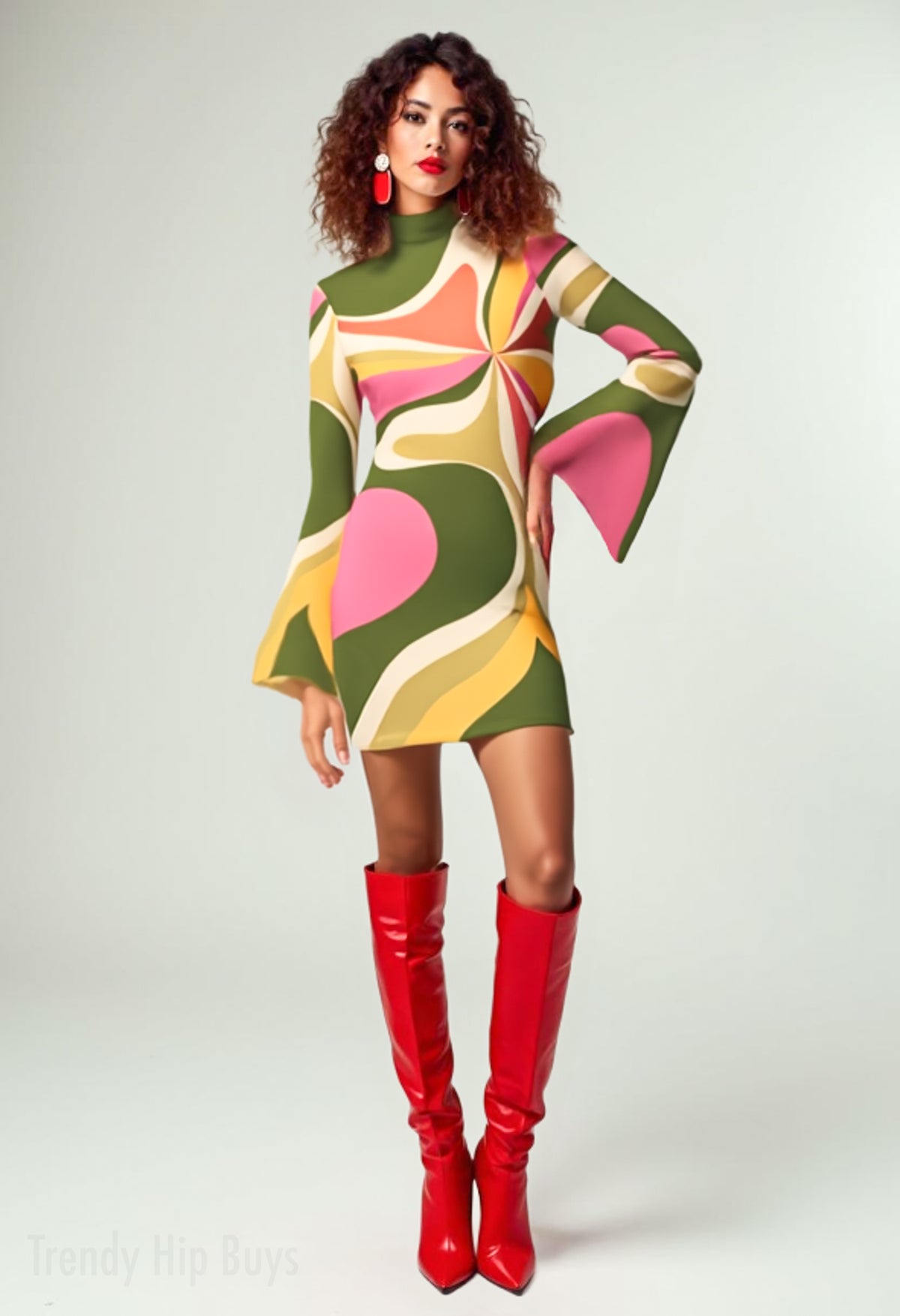 Vintage 70s Style Dress | Abstract Groovy Olive Green Bell Sleeve Shift Mini Dress | Retro Turtleneck Disco Dress