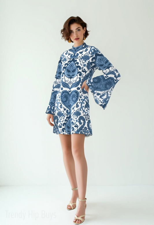 70s Style Dress | Retro Blue & White Paisley Bell Sleeve Mini Dress | Vintage Turtle Neck Chiffon Dress | Trendy Hip Buys Exclusive