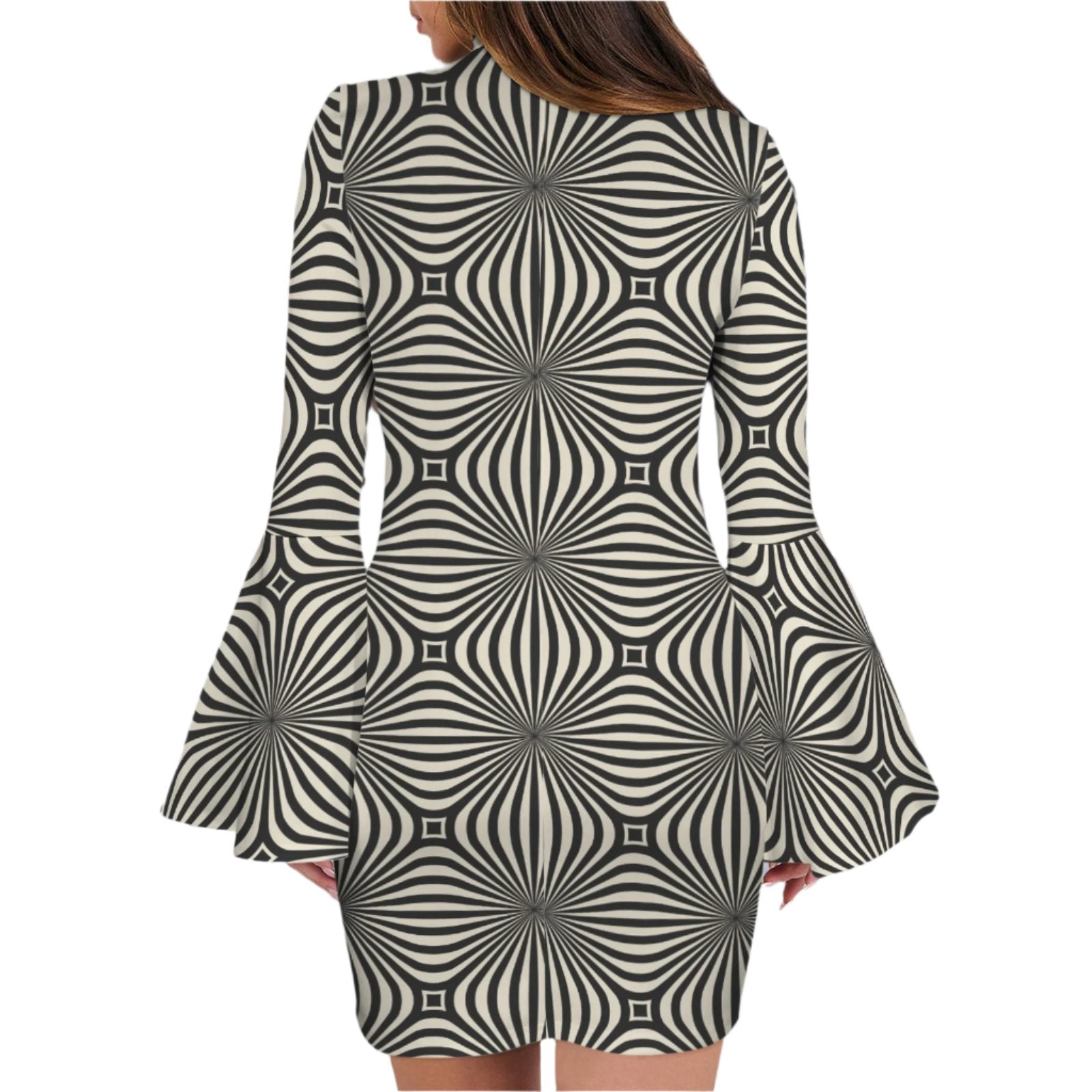 Mod Opt Art Black and White Geometric Bell Sleeve Dress