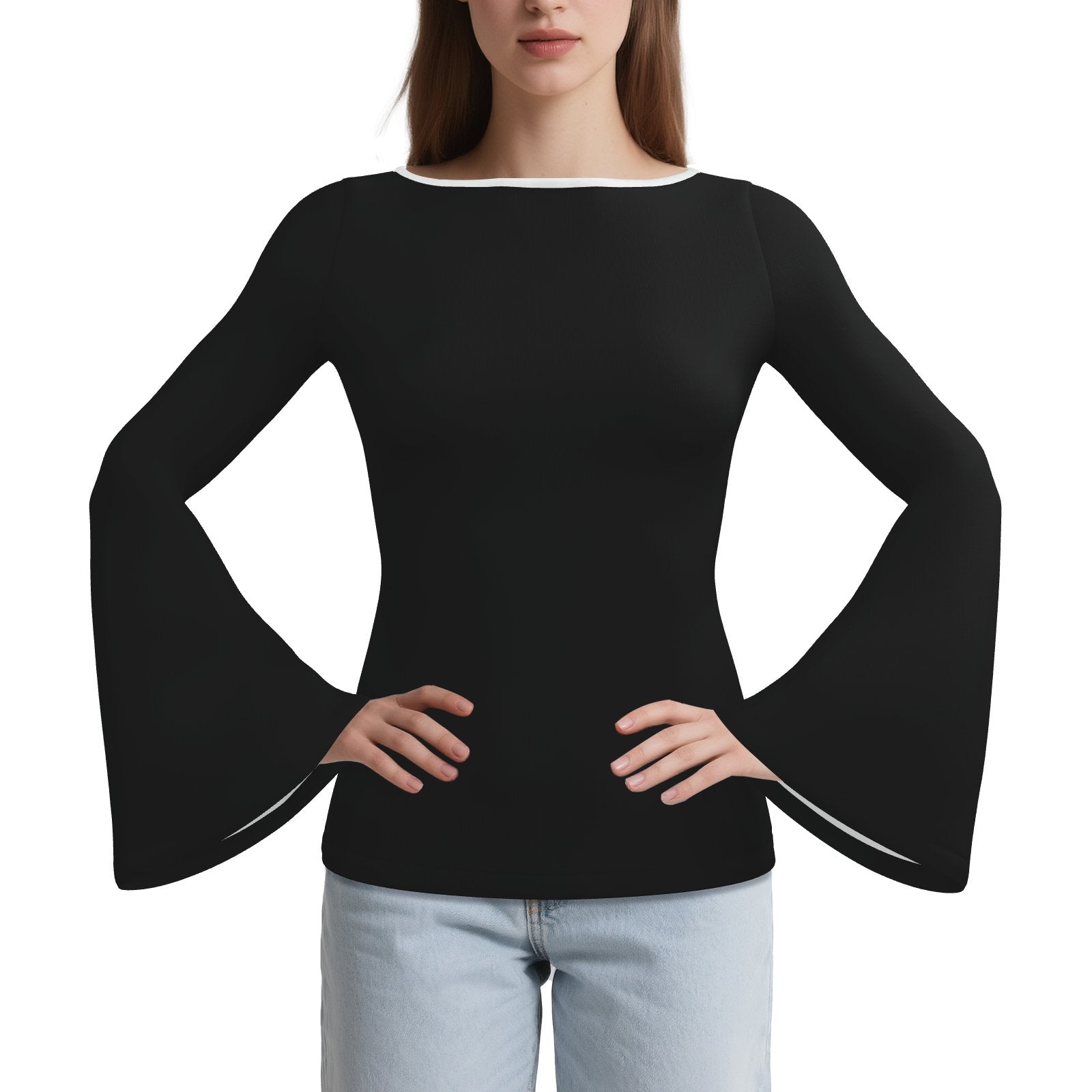 70s inspired Black Bell Sleeve T-shirt | Retro Long Sleeve T-Shirt | Vintage 70s style Bell Sleeve Top