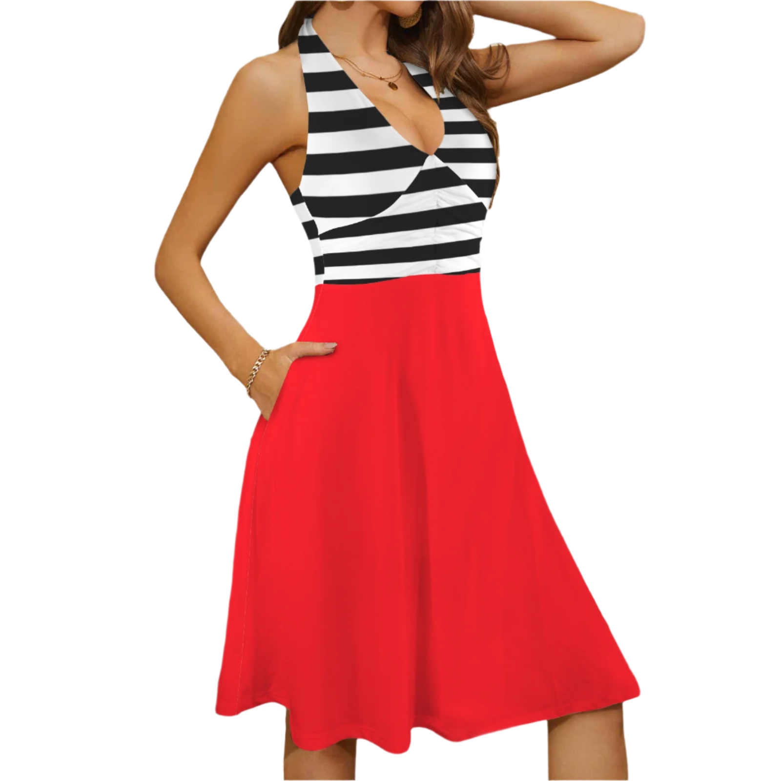 Black Red Stripe Halter Dress