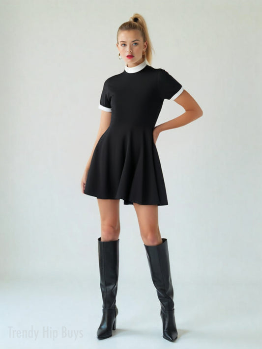 60s Mod Black Mini Dress | Retro Black and White Turtleneck A-Line Mini Dress