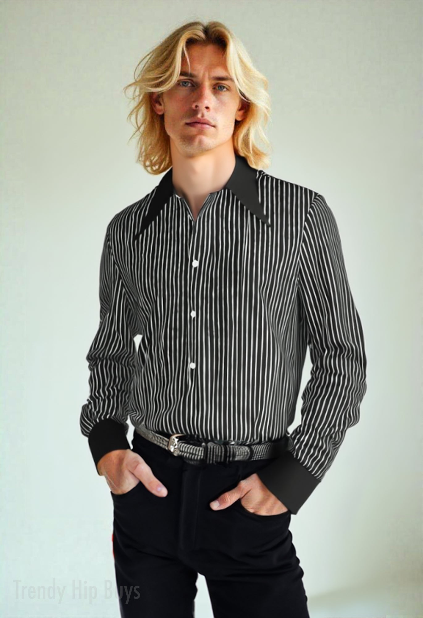 Men’s 70s Style Shirt | Black Pinstripe Shirt | Wing Collar Shirt | Black Disco Shirt
