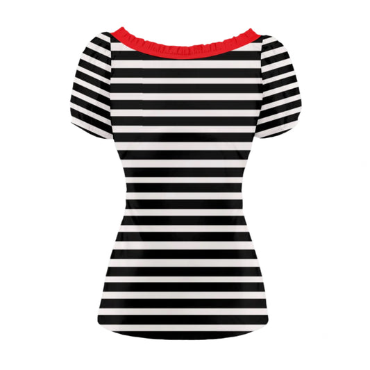 Black & White Stripe Babydoll Blouse – Vintage 40s Style Top | Retro Puff Sleeve Bow Tie Blouse