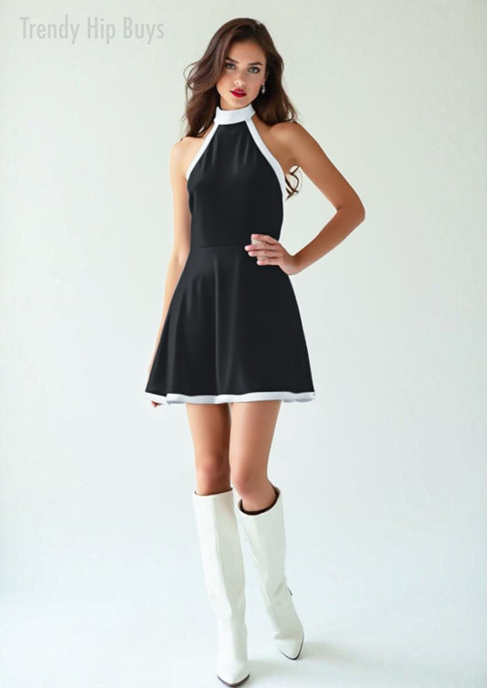  Black Halter Mini Dress | Vintage 60s Style Black Mini Dress|Mod Dress| Retro A-Line mini dress