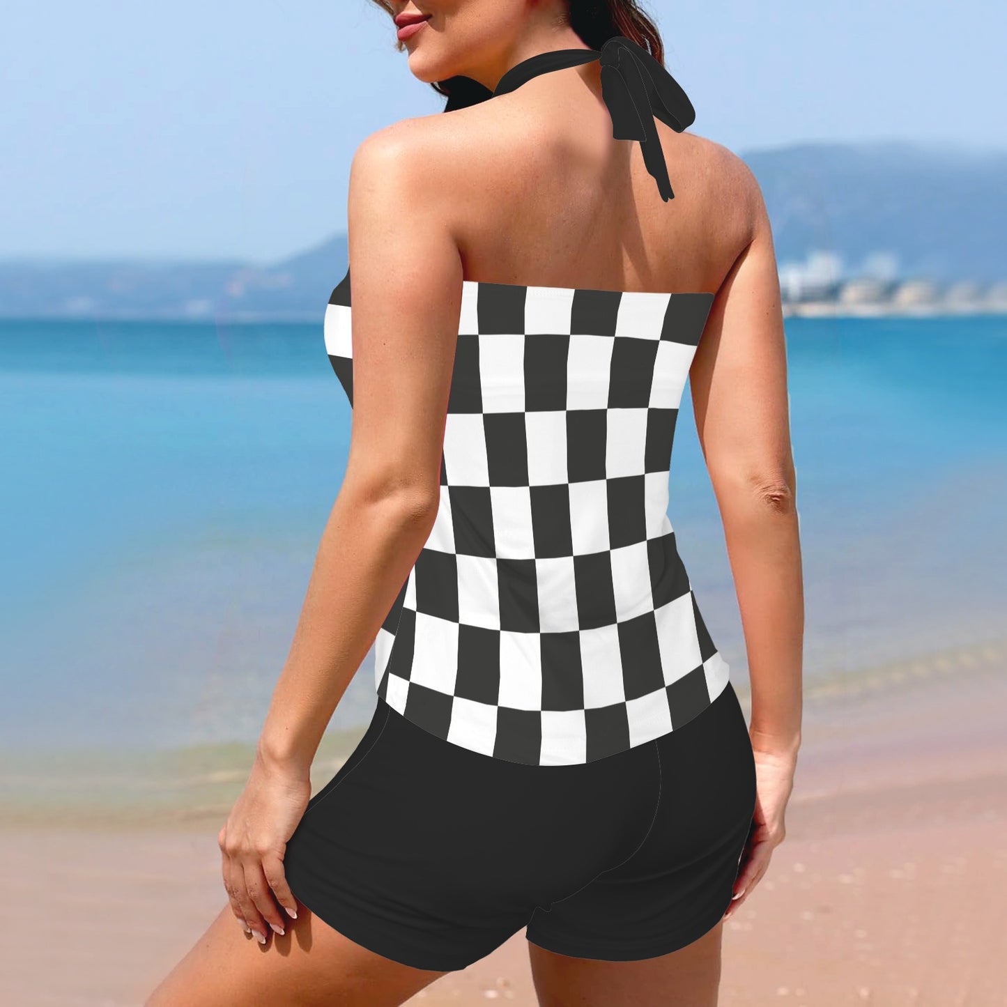 Black Checker Halter Tankini