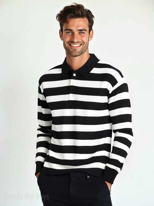 black and whitel long sleeve knit polo shirt