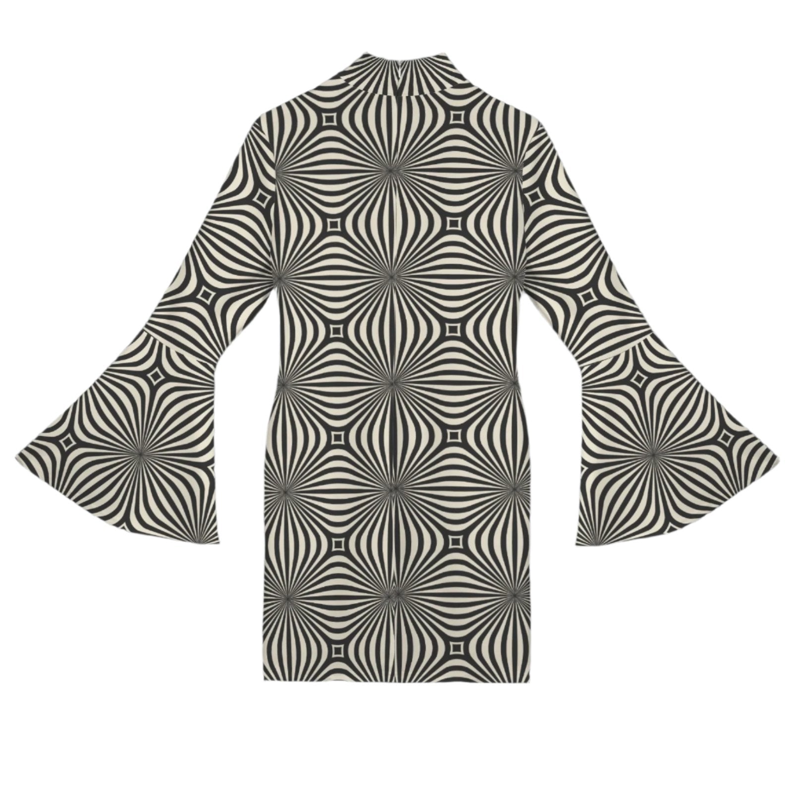 Mod Opt Art Black and White Geometric Bell Sleeve Dress