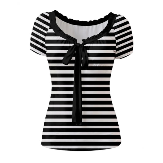 Black and white striped shirt with a bow detail on a white background