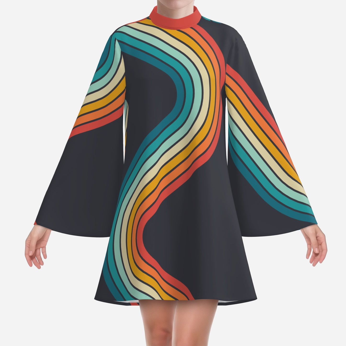 Groovy 70s Disco Dress | Black Rainbow Stripe Bell Sleeve Dress | Retro Turtleneck Tent Mini Dress