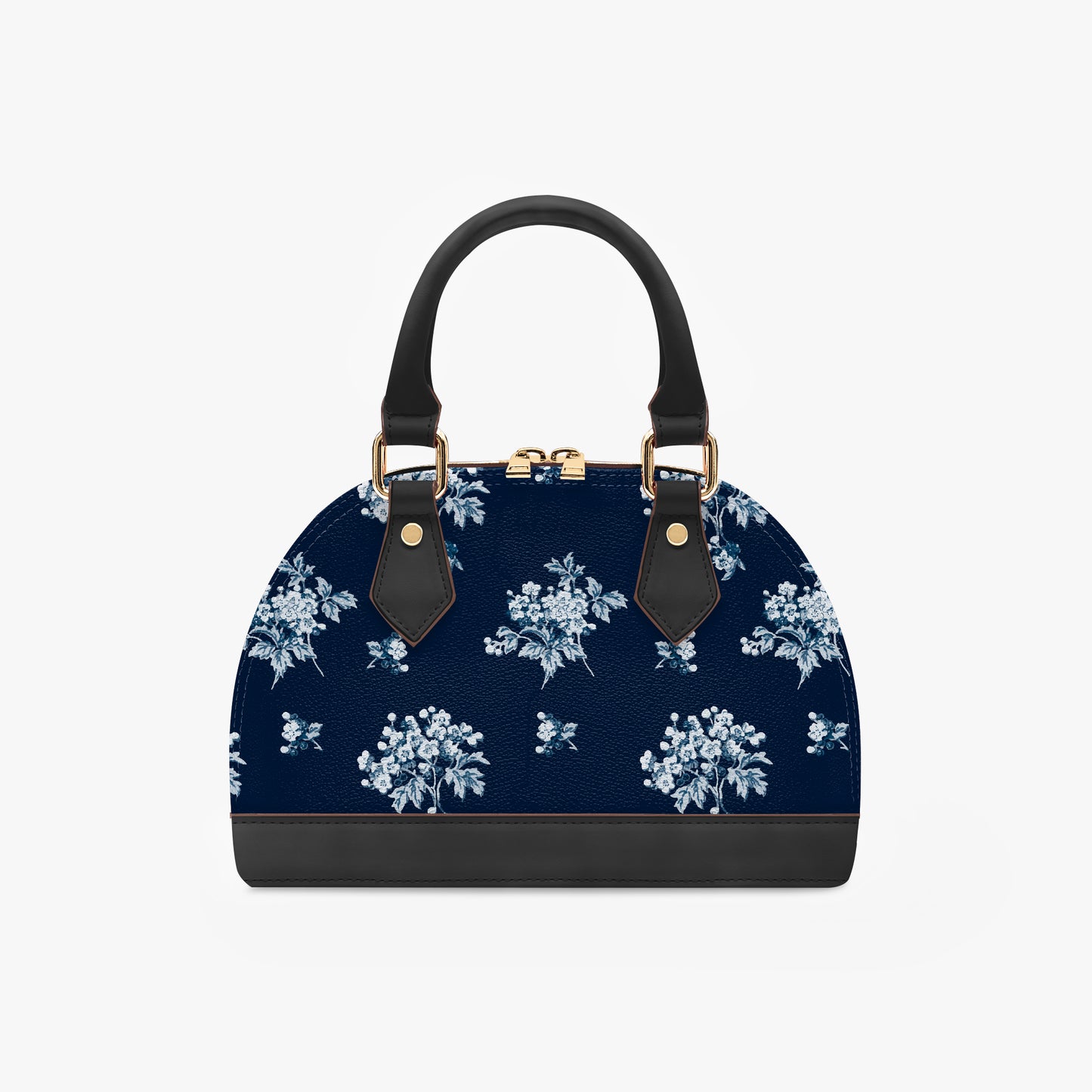 Romantic navy blue floral half moon handbag with delicate vintage-inspired floral print. Small crossbody purse with black or beige handles for casual or formal wear.