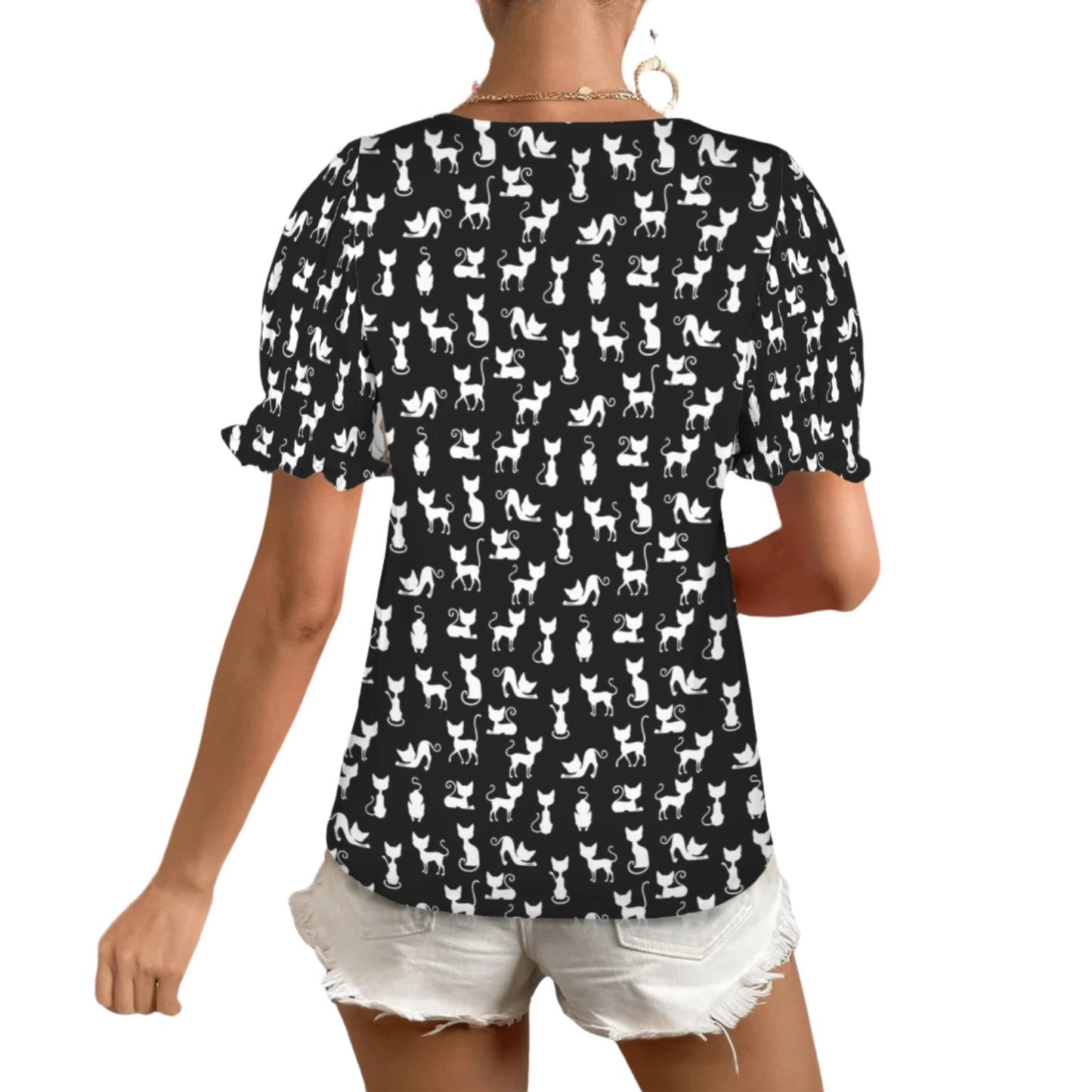 Black Cat Puff Sleeve T Shirt