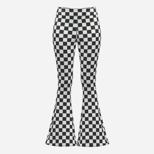 Retro 70s Checker Bell Bottom Pants | Black and White Wide Leg Yoga Pants | Vintage Flare Leggings