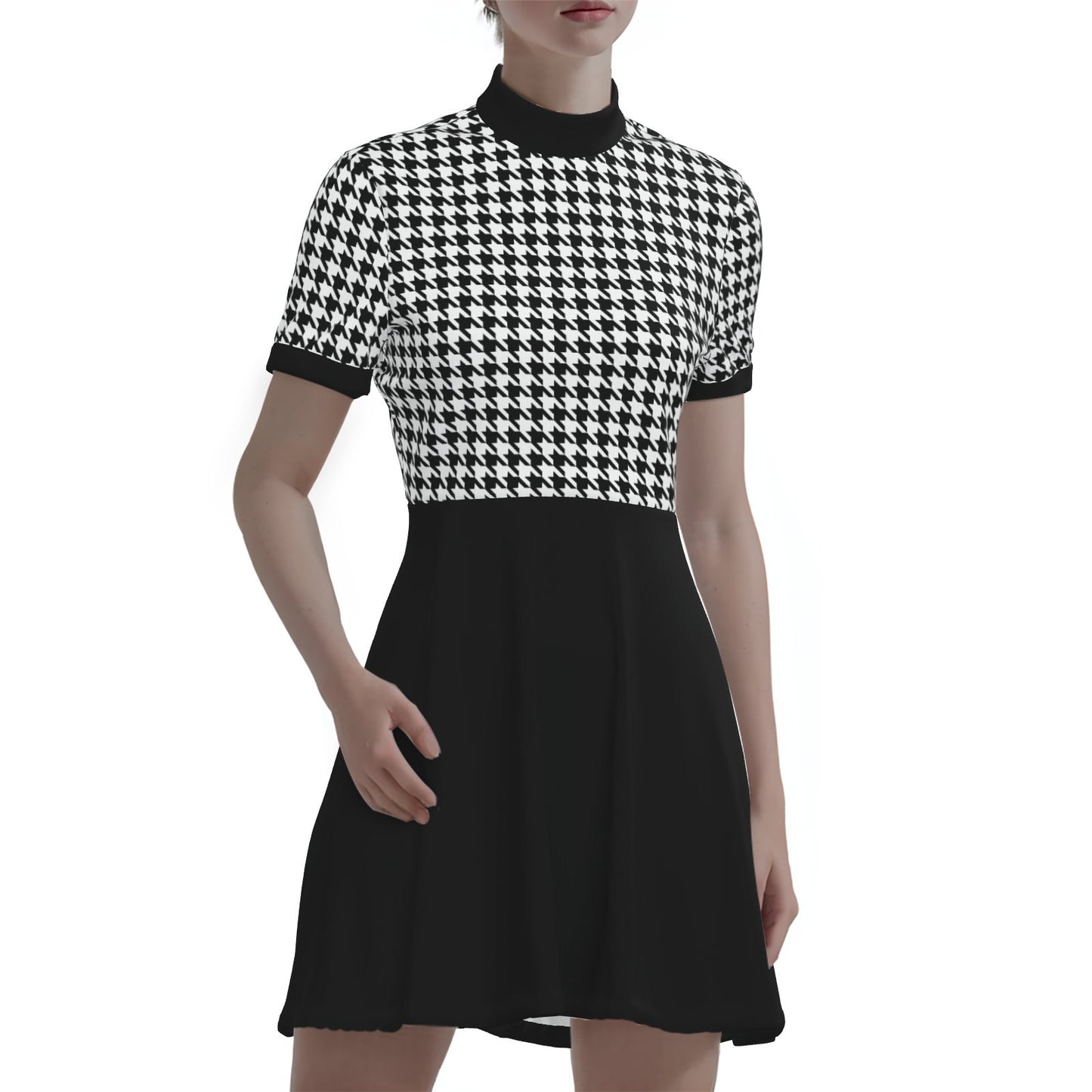 60s Dress Style Black Houndstooth Mod Mini Dress | Retro Turtleneck GoGo Dress | 60s Inspired Dress