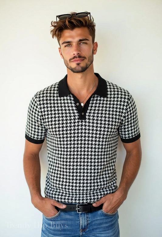 Black Houndstooth Polo Shirt | UPF 50+ Sun Protection Unisex Polo | Vintage Black & White Golf Shirt