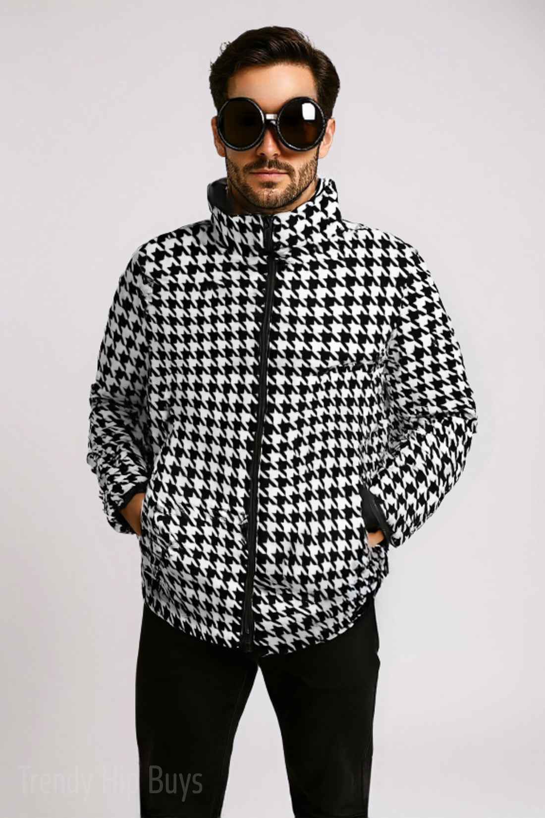 Unisex Black Houndstooth Puffer Jacket | Retro 60s Inspired Cotton Filled Winter Jacket