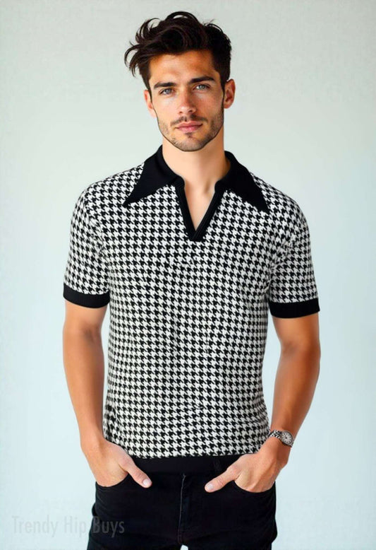 Retro Men's Houndstooth Knit Polo Shirt | 60s 70s Style Dagger Wing Collar Shirt