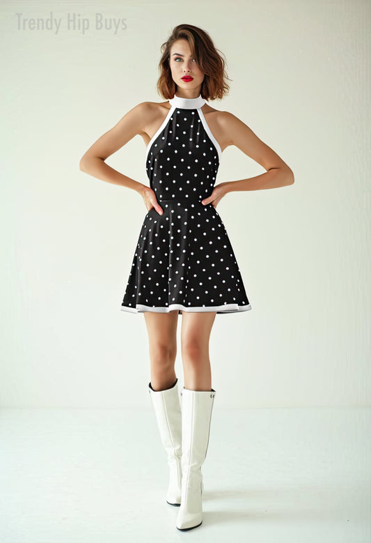 Vintage 60s Style Black Polka Dot Dress | Mod Dress| Black Halter Mini Dress | Retro A-Line mini dress